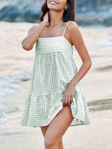 Women's Plaid A-Line Mini Dress, Petite-Friendly High-Waist Design For A Taller Look, Adjustable Shoulder Strap Sundress With Ruffle Hem & Side Pocket, Flattering Loose Fit For Petite To Curvy Figures, Casual Summer Style For Daily Wear, Vacation, Dating & Weekend Outfits, Mini Dress, Christmas & New Year Gift - 薄荷綠 - 查看 1