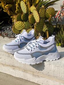 1 Pair Women's Sneakers, Knitted Breathable Soft Sole Chunky Sneakers, Exquisite Pattern, Elastic Cuff Design, Non-Slip Ventilated, Casual Sports Shoes Fitting Foot - White Blue - View 2