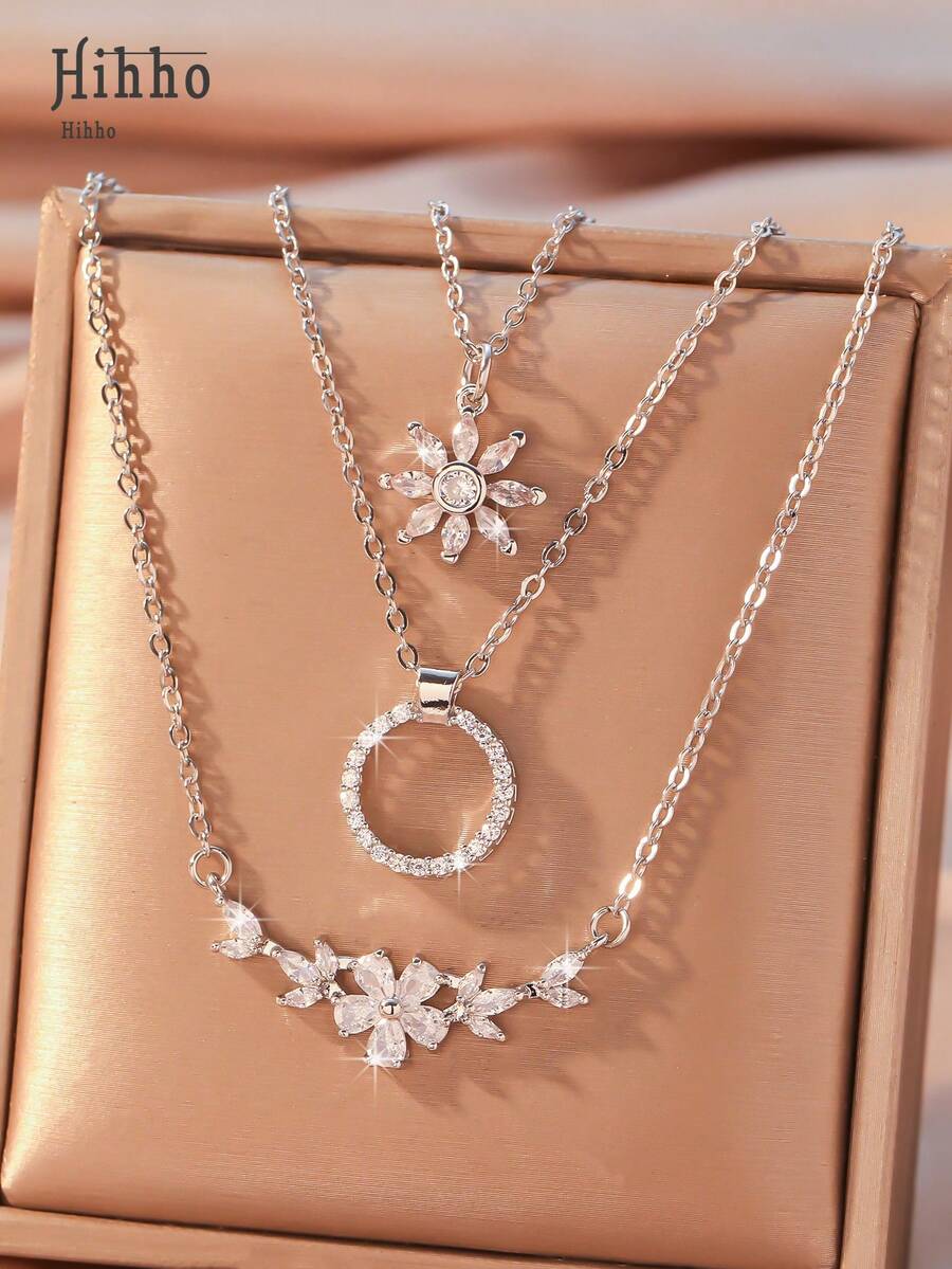Hihho 3件套 时尚优雅花卉圆形吊坠设计 个性化创意女士项链套装，镶嵌锆石