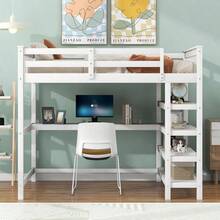 Full Size Loft Bed With Storage Shelves And Under-Bed Desk, White - 1 - View 2