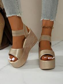 Women's Gold Wedge Heel Open Toe Platform Sandals - Solid Color, Fashionable, Versatile, Anti-Slip, Peep-Toe, Thick Soles, Height-Increasing, Summer - Gold - View 5
