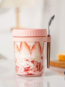 Envase de avena overnight de vidrio rosa con tapa y cuchara, 16 Oz (aprox. 453,6 G) Frasco de boca ancha tipo Mason para avena overnight, cereales, yogur, ensaladas y recipientes de almuerzo con marcas de medición