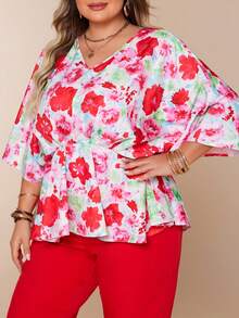 Plus Size Women Floral Print V-Neck Drawstring Waist Ruffle Hem Casual Vacation Top, Summer - Red and White - View 7