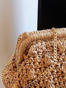 1pc Crease Woven Handbag, Solid Color Hand-Woven Straw Clutch Bag, 2025 Summer New Beach Vacation Shoulder Bag - Khaki - View 7