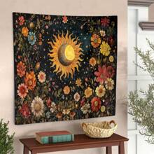1 pezzo Arazzo da parete in stile bohémien e vibranti colori naturali con decorazioni floreali, sole e luna, realizzato in poliestere, per decorazione estetica della casa, camera da letto, soggiorno, regalo unico per amici e famiglia
