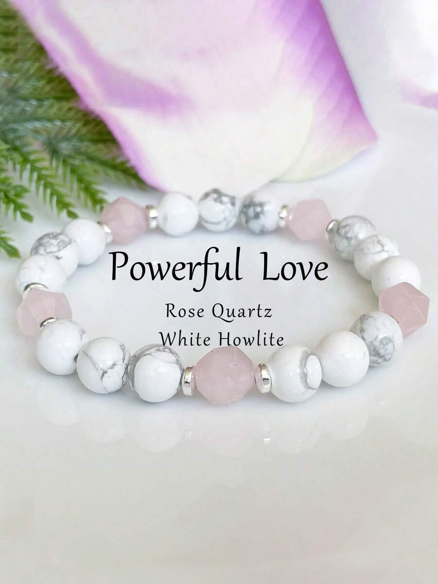 YAUKIA 1 Pc 8mm Boho Howlite & Rose Quartz Gemstone Bracelet, Love, Compassion, Anxiety Relief Bracelet, Healing Crystals Mala Bracelet For Calming, Stress Relief - Multicolor - View 1