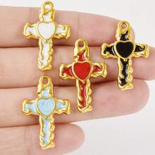 2pcs/7pcs Luxury Dark Style Hiphop 304 Stainless Steel Drip Oil Gold/Silver Heart Cross Pendant Necklace Earring Jewelry DIY Accessories, Gold Plated/Silver Jewelry Making Charms