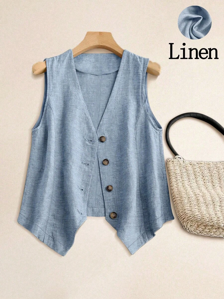 Women's Casual Resort Short Linen Vest Top - Blue - View 1