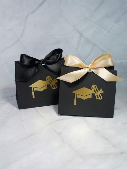 10pcs Black Graduation Gift Box With Gold Foil Cap Or Hand & Diploma Print – Elegant Foldable Party Favor Box With Black Or Champagne Satin Ribbon – Premium Graduation Theme Box For Ceremony Decor, Candy Wrapping, And Souvenir Packaging