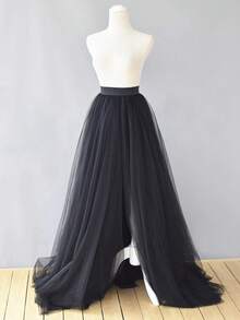 1 件女式开叉长款及地超长薄纱裙，带可拆卸丝带，适合夏季舞会晚会黑色万圣节秋季女士服装 - 黑色 - 查看 3