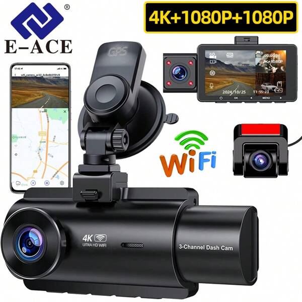 EE-ACE Grabadora de vídeo para automóvil DVR 4K, Dashcam de 3 canales, 4K+1080P+1080P, Caja negra para cámara delantera, interior y trasera del automóvil a 4K, Cámara dash 2160P delante y 1080P detrás, compatible con WiFi, GPS, grabación en bucle y modo de estacionamiento (se necesita elegir una línea de marcha atrás para el monitor de estacionamiento de 24 horas)