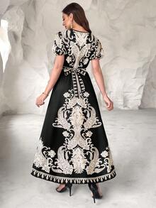 黑色佩斯利印花V领泡泡袖A字连衣裙，配腰带，通勤休闲阿拉伯风格连衣裙，斋月新品系列（随机印花）