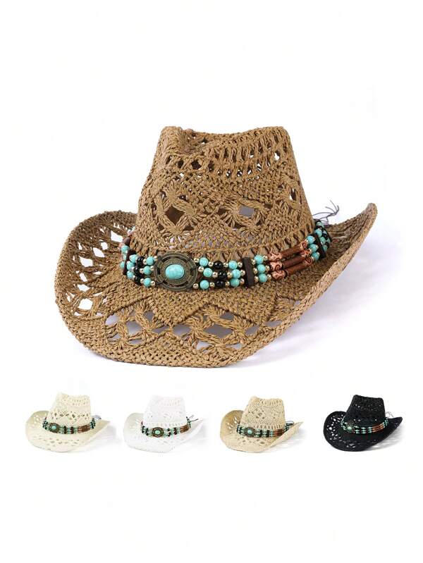 1pc Women's Summer Zirconia Decor Chain Hollow Breathable Sun Hat, Unisex Fashion Personalized Cowboy Hat, Suitable For Beach, Vacation, Daily Sun Protection