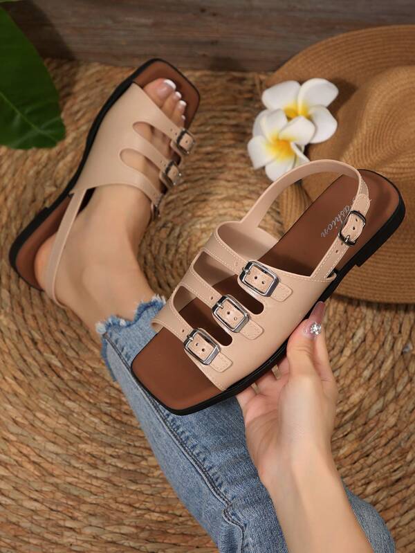2025 Women Versatile Solid Bohemian Punk PU Leather Buckle Flat Sandals, Summer Holiday Beach Party