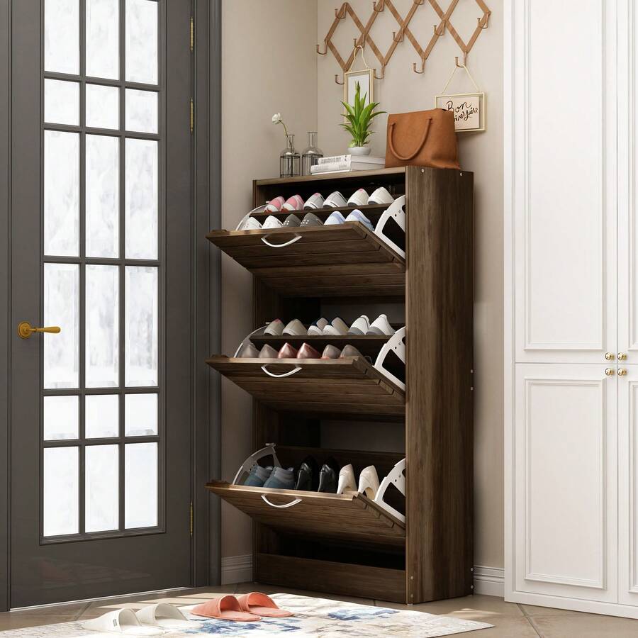 ECACAD 42.3" Space-Saving Shoe Cabinet With 3 Flip Drawers, Narrow Enclosed Shoe Rack Suit For Small Room, Compact Freestanding Shoe Storage Cabinet For Entryway, Corridor, Hallway, Perfect For Housewarming Gift - Màu Tím - Xem 1