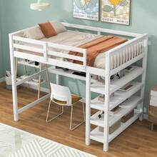 Full Size Loft Bed With Storage Shelves And Under-Bed Desk, White - 1 - View 1