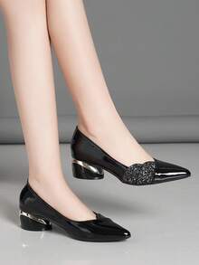 Women's Fashion Comfortable Versatile Patchwork Chunky Heel High Heel Pumps With Beaded Decor - Black - View 2