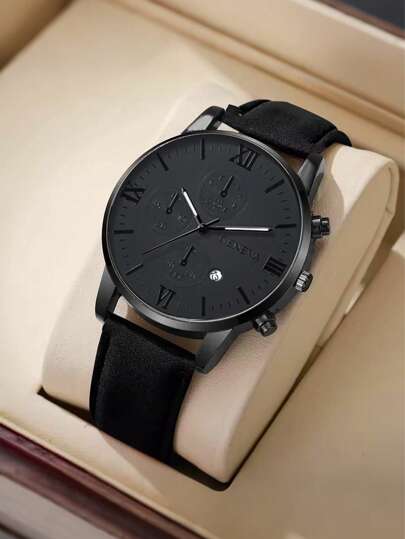 Men's Watch Calendar Feature Stylish Round Dial Quartz Watch Pu Strap Suitable For Party,Holiday,Birthday Wear Or As Brother,The Best Gift For A Man It Is Also The Perfect Gift For Dad On Father's Day.(No Box)