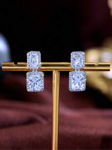 1 Pair Simple Style Elegant Double Baguette Cut Cubic Zirconia Clip On Earrings, Square Drop Dangle Silver Plated Non-Pierced Wedding Jewelry For Engagement, Bridal, Banquet, Party, Prom To Women, Brides, Bridesmaids - White - View 5