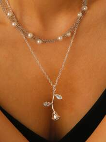 2 piezas Collar colgante con rosa de perla, accesorio de joyería elegante y de moda para mujeres, regalo para el Día de San Valentín, Día de la Madre, adecuado para uso diario, fiestas y festivales