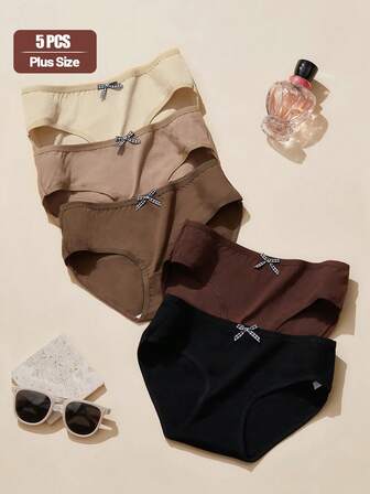 5 st/förpackning plusstorlek damtrosor i enfärgat, avslappnat bomull, medelhög midja, enkel triangelformad trosa