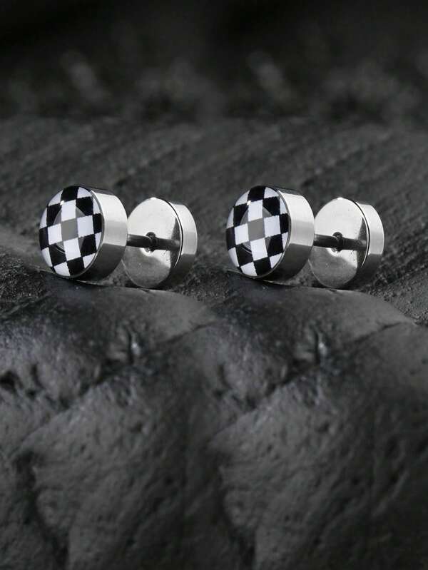 1 Pair Stainless Steel Black & White Plaid Screw Earrings For Men