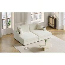 86.5" Oversized Loveseat Chaise Lounge Sectional Sofa Bed Corduroy Sleeper Sofa With Two USB Ports , Two Cup Holders And Two Throw Pillows For Living Room And Bedroom, Beige - 1 - View 3
