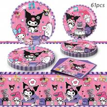 Sanrio 88pcs Sanrio Kuromi Party Supplies,Included Birthday Banner,Hanging Vortex, Plates,Napkins,Tablecloth,Paper Cup,For Kuromi Decorations,Kuromi Birthday Party Decorations,Kuromi Party Decorations