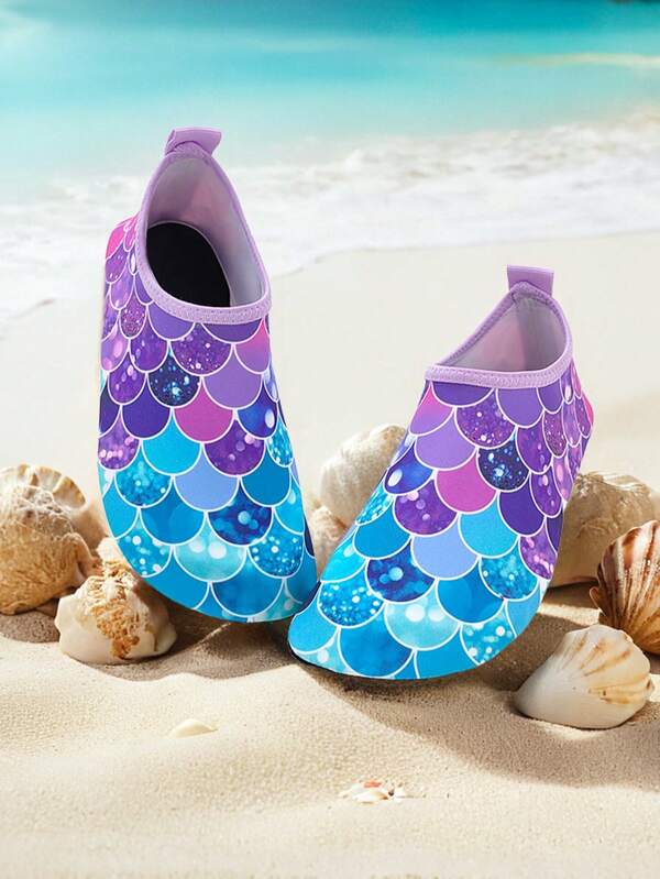 Summer Children's Outdoor Beach Sandals, Purple Fish Scale Design, Soft Sole, Lightweight, Breathable, Comfortable For Boys & Girls, Suitable For Beach, Outdoor Activities, Swimming, Trekking