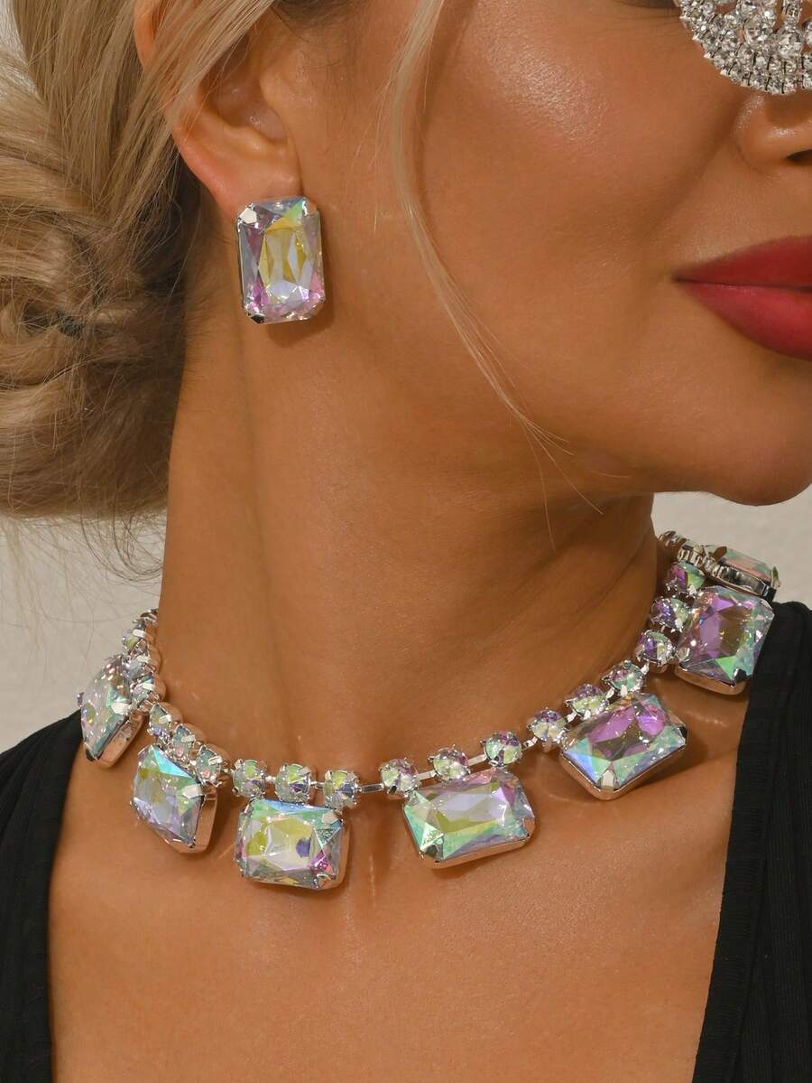 1 Set Silver Color AB Crystal Rhinestone Square Pendant Necklace & Earrings Bridal Wedding Jewelry Set For Women - Silver - View 1