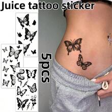 5pcs Herbal Juice Pattern Semi-Permanent Waterproof Anti-Sweat Tattoo Stickers, Fingerprint Mini Designs, High-End Exclusive Fashion - Black - View 2