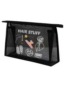 Larger Capacity Mesh Cosmetic Bag Printed With Letters 'Hair Stuff' And Hair Accessory Pattern, Multifunctional Cosmetic Pouch, For Clips, Headbands, Red Air Cushion Storage Portable Storage Bagtravel Essentials Vacation Summer Holiday Back To School School Stuff Bag For School Travel Bag For Women Makeup Bag For Travel - Multicolor - View 12