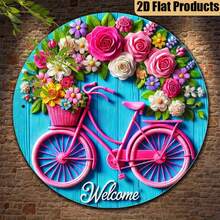 1 pieza Letrero de bienvenida plano 2D, con bicicleta vintage y corona de flores - Placa de pared de metal de 8 pulgadas, resistente al agua y al óxido, apta para decoración interior/exterior del hogar, entrada de la habitación, regalo para amigos, decoración de bicicleta, con agujeros previamente perforados, estilo de agujero aleatorio