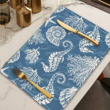 1pc Seahorse Print Table Runner, 4pcs Seahorse Print Placemats, Suitable For Festivals, Parties, Birthdays, Dinners, Kitchen & Dining Table Decor, Applicable All Year Round For Home Decoration And Textiles