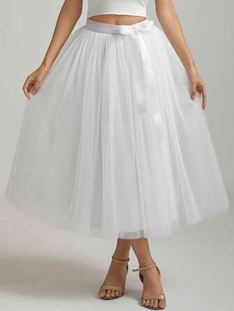 1 Pc Midi Length Tulle Skirt With Removable Ribbon For Cosplay Halloween Prom Party Evening Costumes Valentine's Day Valentines