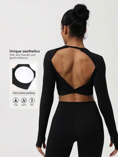 Sodalemon Camisa esportiva feminina Twist Beauty Back manga comprida com abertura para polegar