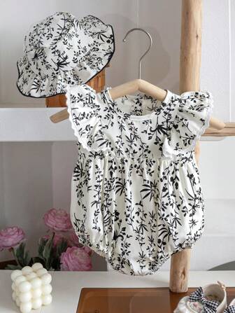 2件套可爱时尚新生女婴无袖连体衣和帽子，夏季