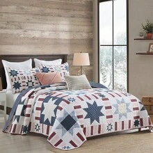 3PCS Soft & Comfortable Patchwork Star Bedding Set – Cooling Summer Quilt With 2 Pillow Shams, White & Blue Stripes Design | All-Season Bedspread, Perfect For Any Bedroom Decor - 藏蓝色 - 查看 2
