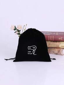 1pc Pattern & Letter Design Travel Hair Dryer Drawstring Dust Cover Bag, Jewelry & Collection Storage Pouch, Black Polyester Rope Bag, Wardrobe Organizer, Travel Tote - Multicolor - View 4