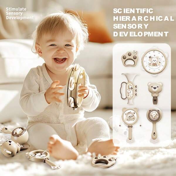 1 Set 6pcs/4pcs Baby Rattle Musical Instruments (Hand Drum + Rattle + Clacker + Handclapper + Mini Trumpet + Whistle), Featuring Cute Bunny & Bear Cartoon Design, Suitable For Early Educational Toys, Developing Baby's Grasping Ability And Lung Capacity, Promoting Visual And Auditory Development, Perfect Baby Birthday/Christmas/Thanksgiving Gift