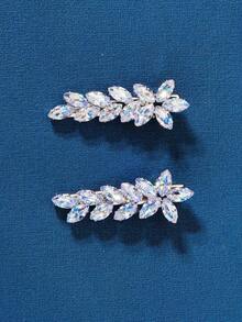 2pcs Floral Design Crystal Zirconia Hair Clips - Silver - View 1
