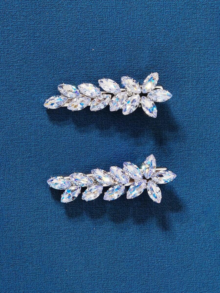 2pcs Floral Design Crystal Zirconia Hair Clips - Silver - View 1