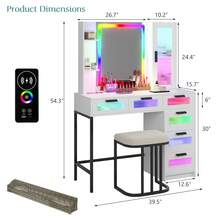 HNEBC RGB Vanity Desk, Makeup Vanity With Dazzling Lights And Mirror, Glass Top Makeup Desk With USB/Type-C/Wireless Charging, Dressing Table Set With Stool/6 Drawers, Vanity Gifts For Girls/Women - White - View 7