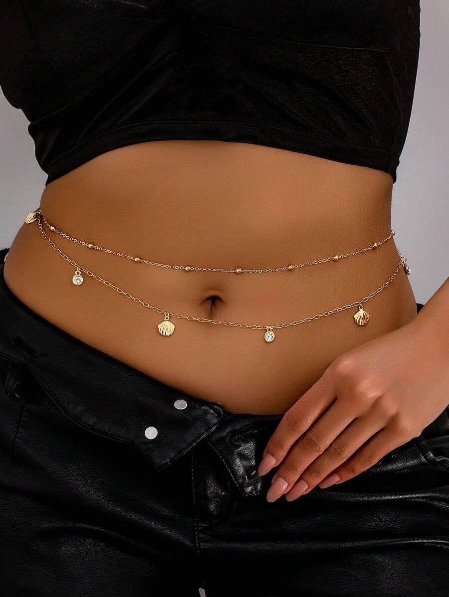 2pcs Elegant Minimalist Women's Waist Chain With Starfish, Seashell And Crystal Decoration, Ocean Style For Casual, Vacation And Beach