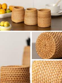 1 pieza Soporte de plumas multifuncional hecho a mano de material de ratán, soporte para plumas, almacenamiento de brochas de maquillaje, decoración de escritorio, apto para escritorios de oficina, aulas, regalos de cumpleaños, almacenamiento, decoración del hogar