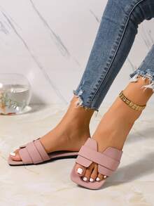 女士春夏时尚休闲拖鞋，舒适平底拖鞋女士沙滩凉鞋 - 藕粉色 - 查看 3
