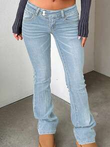 TOP Cross-Border European And American Street Fashion Y2K Hot Girls Tight-Fitting Low-Waisted Women's Bell-Bottom Pants - 淺色水洗藍 - 查看 1