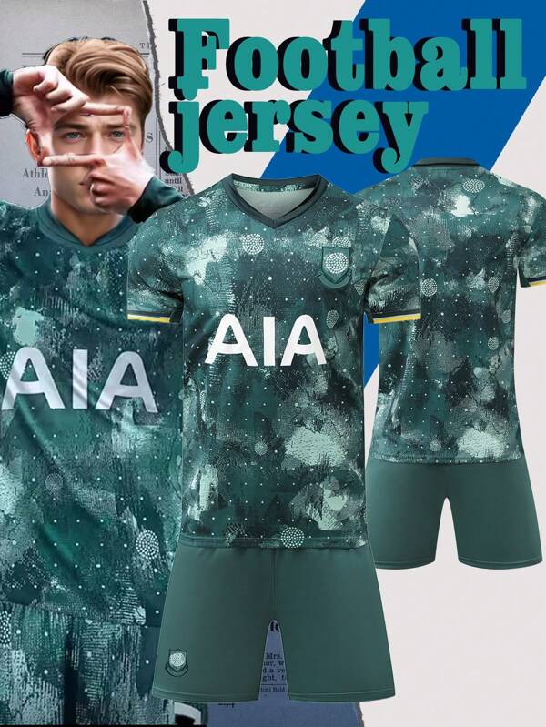 ODMYONO Men's Soccer Jersey Set, Round Neck Color Block Geometric Pattern, Breathable & Comfortable, Fashionable Outdoor Sports