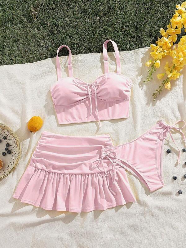Niedlicher & minimalistischer Mädchen Sommer Lässig Urlaub Basic einfarbiger Zugband-Taillen raffinierter Saum slim fit Strandkleid Bikini 3-teiliges Set