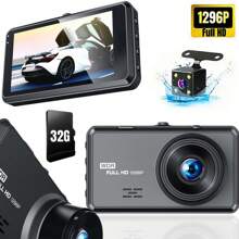 1pc, Front & Rear (Front & Rear) Dash Cam, Dual Channel Car Camera, 1296P Full HD DVR, Loop Recording, 3 Inch Display, 32GB Memory Card Included - Car Supplies
